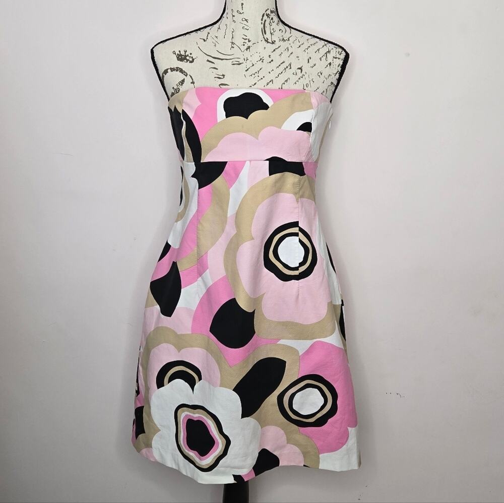 ELLIE TAHARI Bold Pink Beige & Black Floral Strapless Dress Size 10